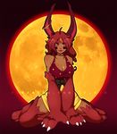  &lt;3 2016 animal_humanoid big_feet big_hands bow breasts claws cleavage clothed clothing collar dark_skin dress female fur hair humanoid kneeling lagomorph long_hair looking_at_viewer makeup mammal moon rabbit_humanoid red_eyes red_fur red_hair red_lips redrabbu smile solo 