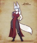  2016 anthro big_breasts big_ears black_nose blue_eyes breasts canine clothed clothing dress female fox fur grey_hair hair hi_res legwear long_hair looking_up mammal scorpdk smile solo standing stockings tights white_fur wide_hips 