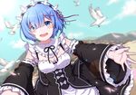  bird blue_eyes blue_hair blue_sky blurry blush breasts cleavage day depth_of_field detached_sleeves dove dutch_angle eyebrows eyebrows_visible_through_hair flock hair_ornament highres looking_at_viewer maid maid_headdress miaozi-san motion_blur open_mouth outdoors outstretched_arms petals pink_ribbon re:zero_kara_hajimeru_isekai_seikatsu rem_(re:zero) ribbon short_hair sky small_breasts solo tears teeth x_hair_ornament 