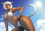  animal_ears bikini blue_eyes blue_sky cloud dark_skin day final_fantasy final_fantasy_xiv hand_on_hip lens_flare looking_at_viewer miqo'te navel outdoors short_hair sky smile solo sun swimsuit tail takebouzu white_bikini white_hair y'shtola_rhul 