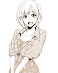  aiba_yumi blush hagane_soushi idolmaster idolmaster_cinderella_girls jewelry looking_at_viewer monochrome necklace open_mouth short_hair simple_background smile solo 