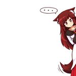  1girl animal_ears blush brown_hair collarbone imaizumi_kagerou long_sleeves looking_at_viewer motion_lines negative_space peeking_out red_eyes simple_background solo spoken_ellipsis tail tail_wagging touhou white_background wide_sleeves wolf_ears wolf_tail wool_(miwol) 