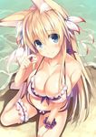  animal_ears bare_shoulders barefoot beach bikini blonde_hair blue_eyes blush breasts cleavage commentary_request fox_ears fox_tail frilled_bikini frills from_above hair_ribbon konoha_(nozomi_tsubame) large_breasts long_hair looking_at_viewer looking_up navel nozomi_tsubame ocean original outdoors ribbon sand scrunchie smile solo swimsuit tail thigh_strap water wrist_scrunchie 