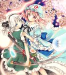  blue_eyes cherry_blossoms frills hair_ribbon hat highres hitodama katana konpaku_youmu konpaku_youmu_(ghost) mob_cap mugicha_(mugicha0929) multiple_girls petals pink_eyes pink_hair ribbon saigyouji_yuyuko silver_hair sword touhou traditional_media triangular_headpiece weapon wide_sleeves 