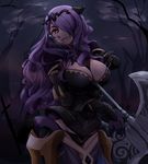  armor axe bare_tree battle_axe between_breasts black_armor black_panties boots breasts camilla_(fire_emblem_if) cleavage cloud corset dark_sky fire_emblem fire_emblem_if gloves groin large_breasts lips long_hair looking_at_viewer night night_sky nm222 panties purple_eyes purple_gloves purple_hair sky smile solo star_(sky) starry_sky strap thigh_boots thighhighs tiara tomahawk tree underwear vambraces very_long_hair weapon 