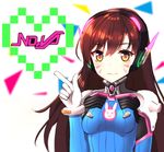  animal_print armor bangs blush bodysuit bracer breasts breasts_apart brown_eyes brown_hair bunny_print chamnaitu character_name d.va_(overwatch) eyebrows eyebrows_visible_through_hair facepaint facial_mark gloves hand_up headphones heart high_collar long_hair looking_at_viewer overwatch pauldrons pilot_suit pixel_heart shoulder_pads small_breasts smile solo turtleneck upper_body whisker_markings white_gloves 