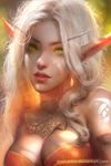  blonde_hair blood_elf breasts cleavage detached_collar elf enshanlee facial_mark green_eyes large_breasts lips long_hair looking_at_viewer parted_lips pointy_ears realistic solo tattoo warcraft world_of_warcraft 