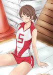  arm_support blush brown_eyes brown_hair collarbone girls_und_panzer gym_shorts gym_storeroom highres indoors kawanishi_shinobu kurano_yuuichi looking_to_the_side mat shorts sitting solo sportswear traffic_cone vaulting_horse volleyball_uniform 