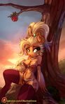  2016 alternate_hairstyle anthro anthrofied apple applejack_(mlp) blonde_hair breasts clothed clothing cloud cutie_mark earth_pony equine female food freckles friendship_is_magic fruit grass green_eyes hair horse landscape looking_at_viewer mammal my_little_pony orange_skin outside panties patreon plant pony pussy sky solo tree underwear vest_(artist) 
