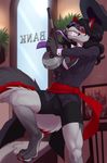  2016 4_toes anthro black_fur black_hair black_nose black_tail canine claws clenched_teeth clothed clothing detailed_background female feralise fur grey_fur grey_tail gun hair hat inside long_hair looking_at_viewer mammal multicolored_fur multicolored_hair multicolored_tail plant purple_hair ranged_weapon red_eyes red_fur red_tail sharp_teeth signature solo submachine_gun teeth thompson_gun toe_claws toes two_tone_hair weapon wolf 