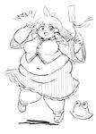  :d absurdres antenna_hair big_belly breasts detached_sleeves fat flying gohei greyscale hair_ornament highres kochiya_sanae large_breasts loafers long_hair looking_at_viewer meat_day monochrome navel nazotyu obese open_mouth pyonta shoes sketch skirt smile snake_hair_ornament socks solo sweat sweatdrop touhou undersized_clothes v v_over_eye vest wide-eyed 