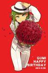  2016 adjusting_clothes adjusting_hat bangs bouquet character_name cropped_legs crossdressing dated earrings fedora flower foreshortening formal green_eyes green_hair gumi hand_on_headwear happy_birthday haru_(oomr005) hat hat_ribbon head_tilt highres incoming_gift jacket jewelry knees_together long_sleeves looking_at_viewer pants petals red_background red_flower red_rose ribbon rose rose_earrings short_hair_with_long_locks simple_background smile solo sparkle stud_earrings suit thigh_gap tsurime vocaloid white_hat white_jacket white_pants white_suit 