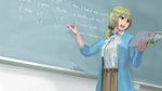  aqua_eyes belt blonde_hair book chalk chalkboard cowboy_shot ellen_baker english furukawa_herzer highres meta new_horizon open_mouth ribbon scrunchie side_ponytail solo teacher teaching working 