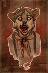  anthro blood clothed clothing diesel_wiesel fangs licking licking_lips looking_at_viewer male mammal marten mustelid open_mouth simple_background solo teeth tongue tongue_out 