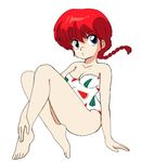  arm_support barefoot blue_eyes braid choko_(20040421) closed_mouth food_print full_body genderswap genderswap_(mtf) long_hair looking_at_viewer official_style print_swimsuit ranma-chan ranma_1/2 red_hair saotome_ranma simple_background single_braid sitting solo strapless strapless_swimsuit swimsuit watermelon_print white_background white_swimsuit 