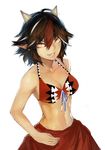  alternate_eye_color bikini_top black_hair breasts cleavage directional_arrow horns kijin_seija kinketsu large_breasts multicolored_hair pointy_ears red_hair ribbon sarong simple_background slit_pupils solo streaked_hair touhou upper_body white_background white_hair yellow_eyes 