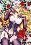  absurdres blonde_hair blush bow breasts cleavage colored_eyelashes corset derivative_work ear elbow_gloves flower garter_straps gloves hair_bow hat highres lace lace-trimmed_gloves large_breasts long_hair mob_cap navel open_mouth panties red_flower red_rose rose solo thighhighs tk31 touhou underwear yakumo_yukari yellow_eyes 