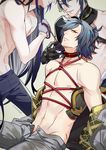  adonis_belt armor artist_name blue_eyes collar gloves groin half_gloves head_out_of_frame igote japanese_armor juzumaru_tsunetsugu long_hair looking_at_another looking_at_viewer looking_down male_focus mikazuki_munechika mon_(monsohot) multiple_boys oodenta_mitsuyo parted_lips red_eyes shirtless smile touken_ranbu unzipped very_long_hair yaoi 