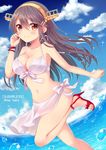  bad_id bad_pixiv_id bikini black_hair cloud day hairband haruna_(kantai_collection) kantai_collection long_hair open_toe_shoes red_eyes red_footwear sarong sato_ame shoes solo swimsuit water 