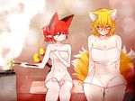  animal_ears blonde_hair blush body_blush breasts cat_ears cat_tail commentary covered_navel extra_ears fire flame fox_ears fox_tail hot kaenbyou_rin large_breasts medium_breasts mizuga multiple_girls multiple_tails naked_towel plump pointy_ears sauna sauna_bucket sauna_ladle size_difference smirk steam sweat tail thick_thighs thighs touhou towel two_tails wince yakumo_ran yellow_eyes 