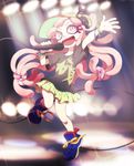  arm_up baseball_cap black_shirt bracelet commentary_request dancing dew-spiegel drooling eyelashes fish_hair_ornament full_body green_eyes hair_ornament hat jewelry long_hair microphone miniskirt multicolored multicolored_eyes open_mouth paruko_(splatoon) pink_eyes pink_hair saliva shirt skirt smile solo splatoon_(series) splatoon_1 t-shirt tentacle_hair tentacles 