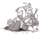  2016 anthro asgore_dreemurr asriel_dreemurr barefoot caprine chara_(undertale) clothed clothing cute eye_contact eyes_closed fully_clothed goat greyscale group hair horn human low_res mammal monochrome mudkipful one_eye_closed parent romantic_couple simple_background sitting sleeping smile toriel ukulele undertale video_games white_background 