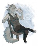  anthro beverage caprine clothed clothing cup diesel_wiesel goat hooves horn hybrid male mammal mustelid simple_background sitting solo 
