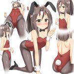  :o all_fours alternate_costume animal_ears arm_support back bare_shoulders black_bow black_footwear black_neckwear blush bow bowtie breasts brown_eyes brown_hair bunny_ears bunny_girl bunnysuit cameltoe closed_mouth collarbone detached_collar fake_animal_ears foreshortening from_behind full_body grey_legwear hairband headband high_heels kantai_collection leotard multiple_views nedia_(nedia_region) open_mouth pantyhose ponytail profile red_leotard shoes sidelocks sitting small_breasts smile standing strapless strapless_leotard wrist_cuffs zuihou_(kantai_collection) 