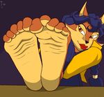  5_toes anthro barefoot blue_hair canine carmelita_fox clothed clothing feet female foot_fetish foot_focus fox green_eyes hair humanoid_feet mammal paws sly_cooper_(series) solo teasing toes video_games zp92 