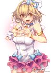  :d breasts brown_eyes brown_hair cleavage djeeta_(granblue_fantasy) dress fi-san granblue_fantasy hairband heart heart_hands highres large_breasts looking_at_viewer open_mouth sleeveless sleeveless_dress smile solo superstar_(granblue_fantasy) teeth tongue transparent_background 