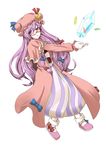  :&lt; absurdres bespectacled book bow capelet crescent crescent_hair_ornament crystal double_bun dress glasses hair_ornament half-closed_eyes hat highres kirisame_arashi long_hair looking_at_viewer low-tied_long_hair mary_janes mob_cap patchouli_knowledge purple_eyes purple_hair semi-rimless_eyewear shoe_bow shoes socks solo striped striped_dress touhou very_long_hair 