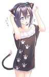  :o animal_ears armpit_peek arms_up black_hair blue_eyes cat_ears cat_tail collarbone cowboy_shot fake_animal_ears fang hair_between_eyes highres looking_up one_side_up open_mouth original paw_print short_hair simple_background sleeveless solo suzunari_shizuku tail white_background yuki_arare 