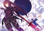  1girl back-to-back blue_hair bodysuit breasts covered_navel fate/grand_order fate/stay_night fate_(series) gae_bolg holding holding_weapon lancer long_hair machimura_komori medium_breasts pauldrons polearm ponytail purple_bodysuit purple_hair red_eyes scathach_(fate)_(all) scathach_(fate/grand_order) spear weapon 