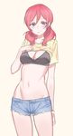  black_bra blush bra commentary cowboy_shot cutoffs denim denim_shorts hair_between_eyes highres looking_at_viewer love_live! love_live!_school_idol_project midriff navel nishikino_maki purple_eyes red_hair shirt_lift short_shorts shorts simple_background solo underwear wristband yellow_background yohan1754 