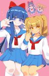  2girls :3 bangs blue_eyes blue_hair blue_sailor_collar blue_skirt blunt_bangs bow eyebrows_visible_through_hair eyes_visible_through_hair fang hair_bow highres light_brown_hair long_hair long_sleeves looking_at_viewer middle_finger multiple_girls pink_background pipimi pleated_skirt poptepipic popuko queen_ashi red_bow red_neckwear sailor_collar shirt skirt smile sparkle twintails very_long_hair white_legwear white_shirt yellow_eyes 