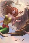  artist_name bird bodysuit breasts chuby_mi cleavage cloud curly_hair dc_comics deviantart_sample feathered_wings feathers flying green_eyes hawkgirl highres image_sample justice_league long_hair orange_hair sky solo watermark web_address wings 