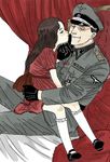  1boy 1girl age_difference bed brown_hair butaneko_(butaneko_hanten) dress gloves kiss kneehighs nazi officer sitting_on_lap uniform wwii 