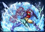  alien arm_cannon armor clenched_hand frozen full_armor gravity_suit ice metroid metroid_(creature) nomayo power_armor power_suit samus_aran shattering shoulder_pads steam weapon 