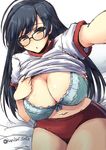  black_hair blue_bra blue_eyes blush bra breasts buruma cleavage girls_und_panzer glasses gym_uniform isuzu_hana large_breasts long_hair looking_at_viewer navel red_buruma shinshin shirt_lift sitting solo twitter_username underwear 