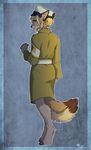  anthro blonde_hair canine clothed clothing diesel_wiesel female fox fur hair hat looking_at_viewer looking_back mammal simple_background solo standing 