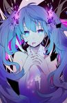  ahoge aqua_eyes aqua_hair blood cracked_skin ghost_rule_(vocaloid) hand_around_neck hatsune_miku head_tilt highres irucha long_hair open_mouth pink_blood solo_focus upper_body vocaloid 