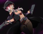  bad_id bad_pixiv_id breasts coat cowboy_shot cut-away dark_background dutch_angle face_mask genderswap genderswap_(mtf) gloves groin gun handgun hood hooded_jacket jacket long_hair looking_at_viewer mask medium_breasts overwatch parted_lips purple_background reaper_(overwatch) red_eyes sha_(amfil100) shoulder_spikes single_thighhigh solo spikes thighhighs trench_coat underboob weapon white_hair 