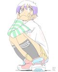  1girl crouching female flat_color original purple_hair satsuyo short_hair simple_background sneakers solo striped tomboy white_background 