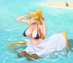  animal_ears bare_shoulders beach bikini_top blonde_hair blue_bikini_top blue_eyes blush breasts bucket centaur centorea_shianus day goo_girl highres horse_ears huge_breasts long_hair looking_at_viewer monster_girl monster_musume_no_iru_nichijou multiple_girls navel partially_submerged ponytail starfish suu_(monster_musume) very_long_hair water 