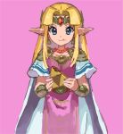  1girl bangle bangs blonde_hair blue_eyes blunt_bangs bracelet closed_mouth crumbs dress eating food_in_mouth forehead_protector gem headpiece jewelry necklace nintendo nyagiratwist pauldrons pink_background pointy_ears princess_zelda shoulder_armor simple_background smile solo super_smash_bros. super_smash_bros._ultimate the_legend_of_zelda the_legend_of_zelda:_a_link_between_worlds triforce 
