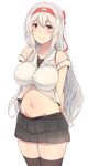  absurdres alternate_costume bare_shoulders black_legwear blush breasts brown_eyes collarbone hairband headband highres kantai_collection large_breasts layered_skirt light_smile long_hair midriff miniskirt navel shoukaku_(kantai_collection) silver_hair simple_background skirt solo stomach suisen_toire_(moko924) thighhighs white_background zettai_ryouiki 