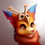  big_ears brown_eyes cub fur gnar_(lol) league_of_legends male mane meraence open_mouth orange_fur portrait simple_background skull smile solo teeth tongue video_games yordle young 