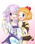  blonde_hair blue_eyes blush d-pad d-pad_hair_ornament eating fang food hair_ornament hekikuu_(kanaderuyume) multiple_girls neptune_(choujigen_game_neptune) neptune_(series) one_eye_closed open_mouth pish pudding purple_eyes purple_hair short_hair smile striped striped_legwear 