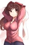  absurdres alternate_costume arms_up breasts brown_eyes brown_hair closed_mouth hair_ornament hairclip highres kantai_collection large_breasts light_smile long_hair looking_at_viewer mamiya_(kantai_collection) ranf solo 