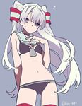  adapted_costume amatsukaze_(kantai_collection) arm_behind_back ass ass_visible_through_thighs bare_shoulders bikini commentary_request grey_background hair_tubes highres kantai_collection lifebuoy long_hair looking_at_viewer mochizuki_kei navel red_legwear sailor_bikini sailor_collar silver_hair simple_background solo swimsuit thigh_gap thighs twitter_username two_side_up windsock 